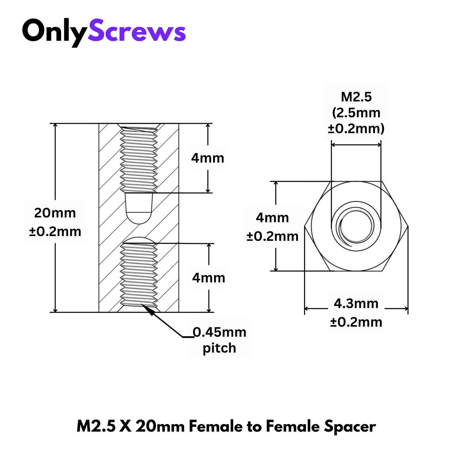 M2.5 X 20mm Female to Female Brass with Nickel plating Hex Threaded Standoff Spacer