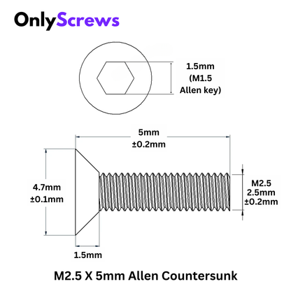 M2.5 X 5mm Hex (Allen) CSK High Tensile(10.9) Black Oxide Screw (Dia. 2.5mm, Length 5mm)