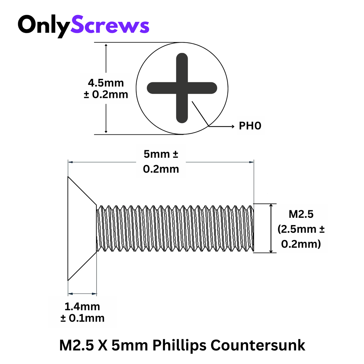 M2.5 X 5mm Phillips Countersunk (CSK) Mild Steel Black oxide Screw (Dia. 2.5mm, Length 5mm)
