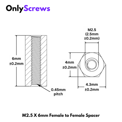 M2.5 X 6mm Female to Female Brass with Nickel plating Hex Threaded Standoff Spacer