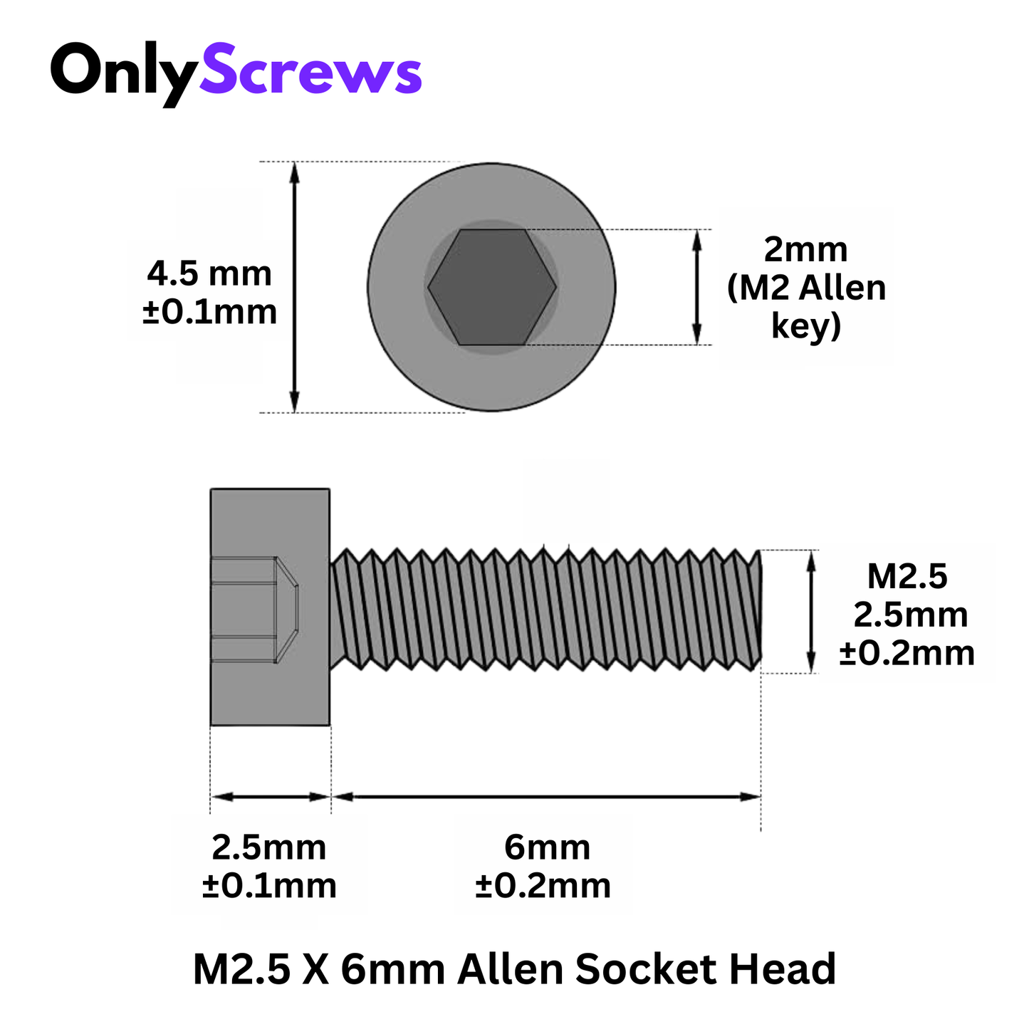 M2.5 X 6mm Hex (Allen) Socket Head SS 304 Screw (Dia. 2.5mm, Length 6mm)