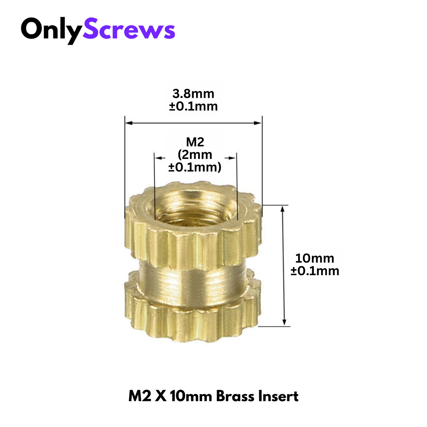 M2 X 10mm Brass Threaded Inserts (Dia. 2mm, Length 10mm)