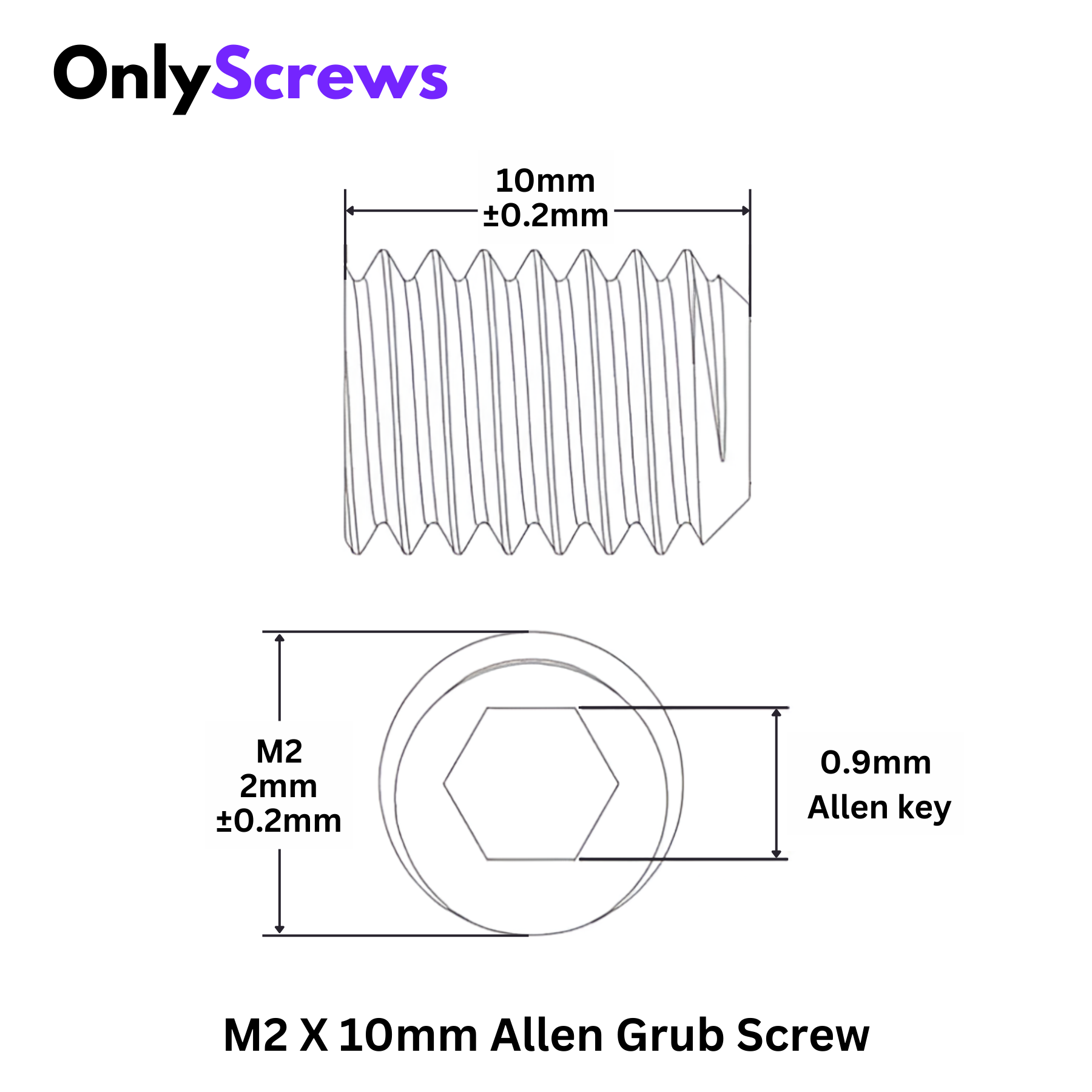 M2 X 10mm Grub Screw SS304 (Dia. 2mm, Length 10mm)