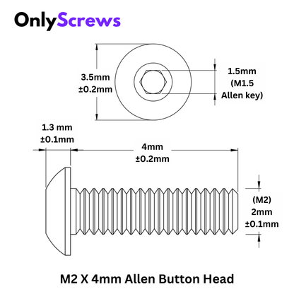 M2 X 4mm Hex (Allen) Button Head SS 304 Screw (Dia. 2mm, Length 4mm)
