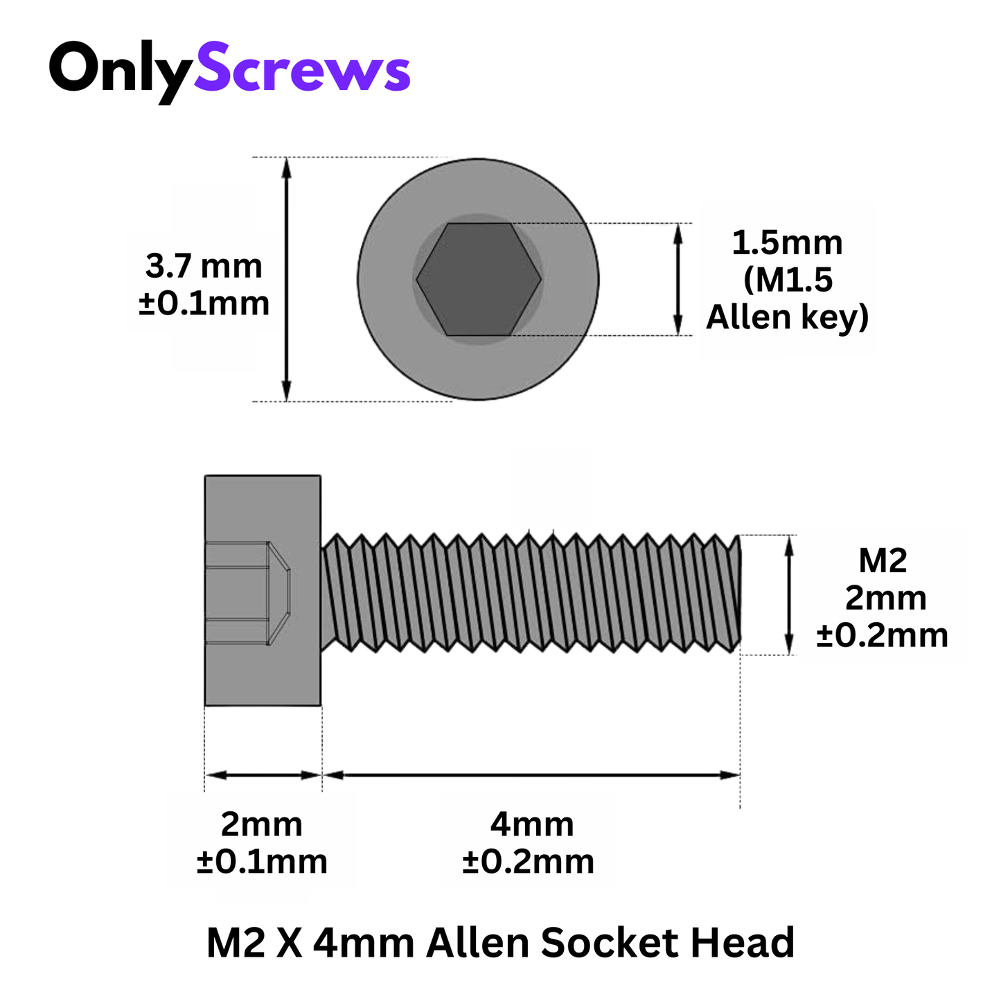 M2 X 4mm Hex (Allen) Socket Head SS 304 Screw (Dia. 2mm, Length 4mm)