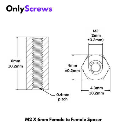M2 X 6mm Female to Female Brass with Nickel plating Hex Threaded Standoff Spacer