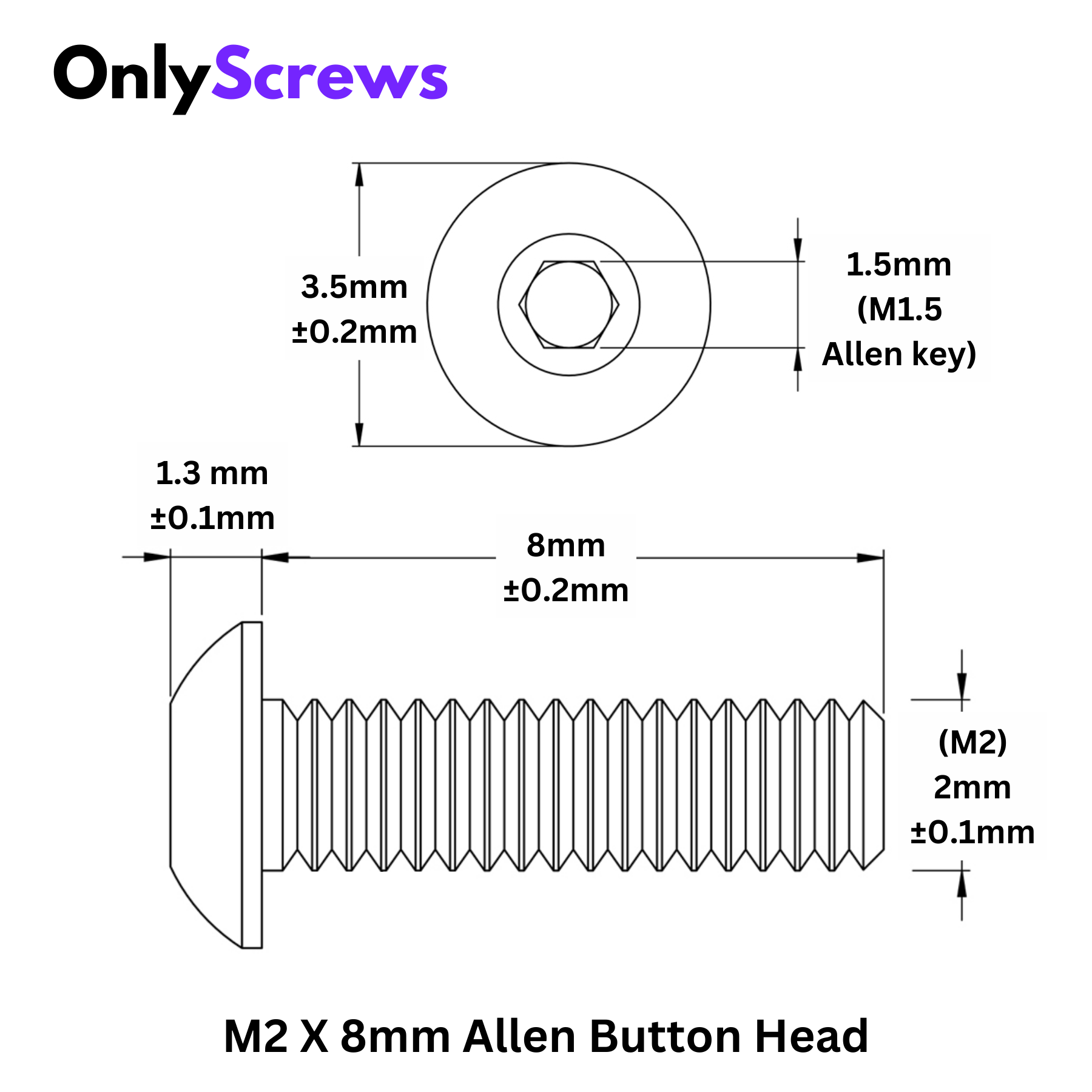 M2 X 8mm Hex (Allen) Button Head SS 304 Screw (Dia. 2mm, Length 8mm)