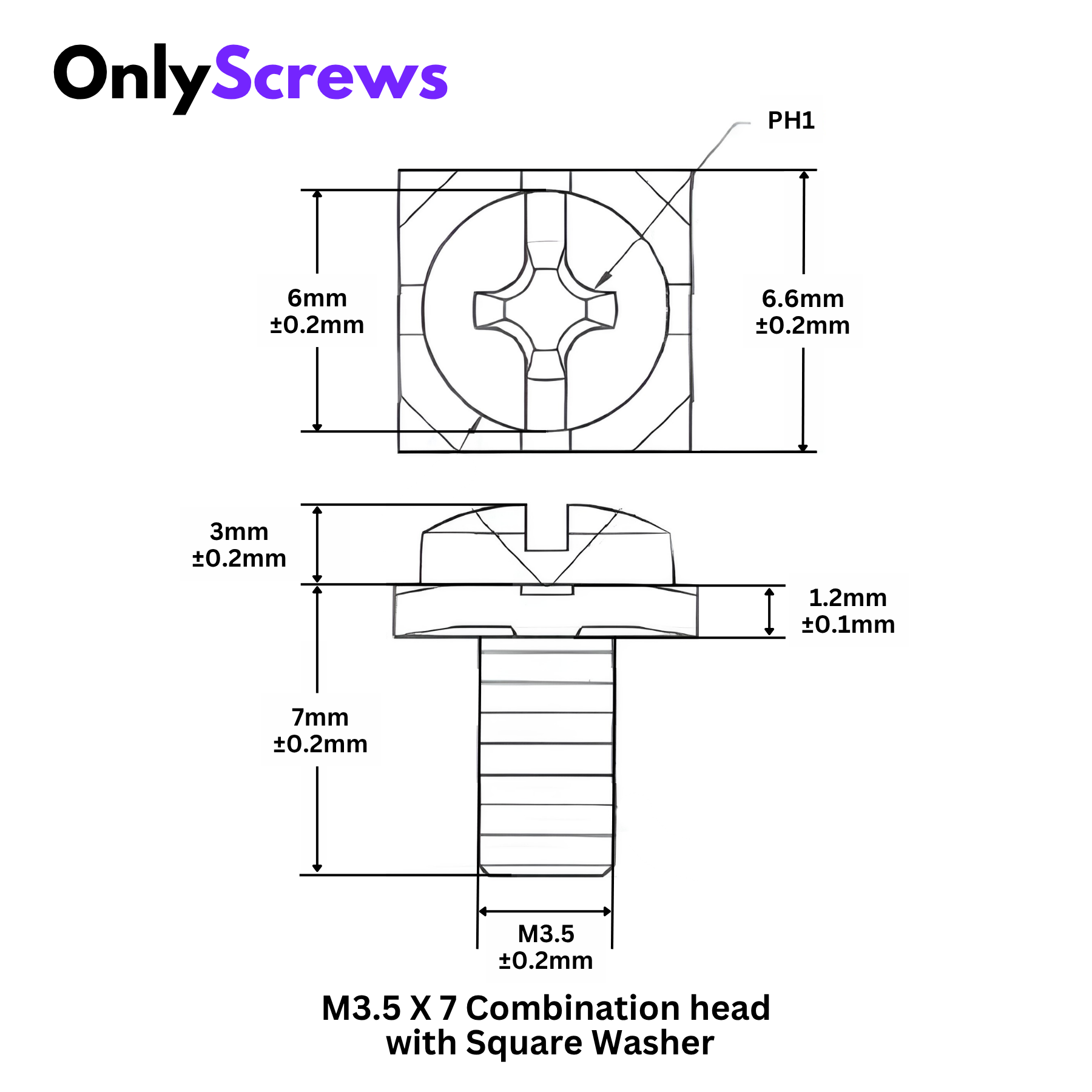 M3.5 X 7mm Pan Combination Head with Square Washer Mild Steel Terminal Block Screw