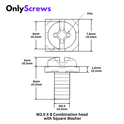 M3.5 X 8mm Pan Combination Head with Square Washer Mild Steel Natural finish Terminal Block Screw