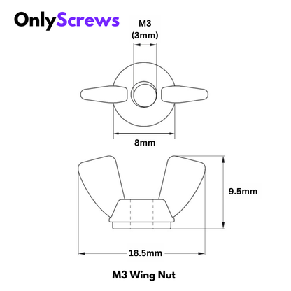 M3 Wing Nut SS304 with dimensions