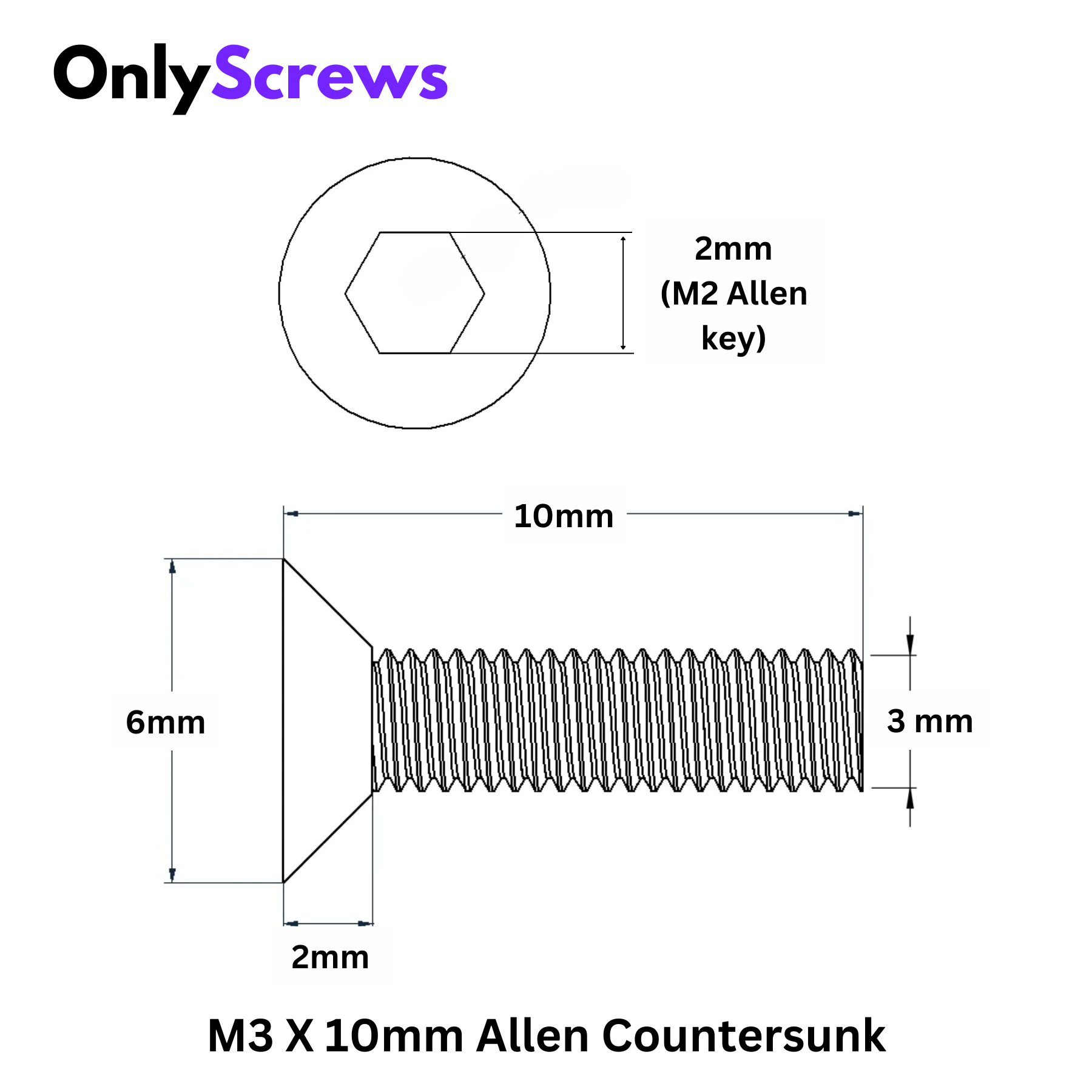 M3 X 10mm Hex (Allen) CSK SS 304 Screw with dimensions