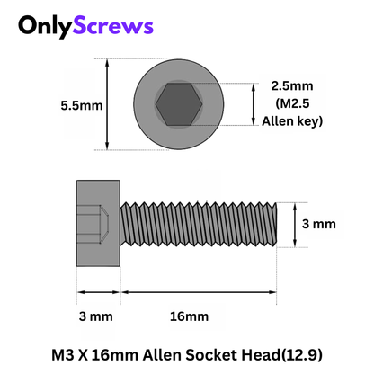 TVS M3 X 16mm Hex (Allen) Socket Head High Tensile(12.9) Black anodized screw