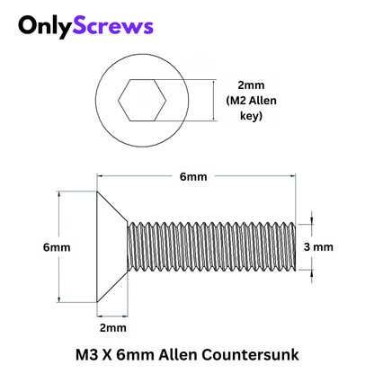 M3 X 6mm Hex (Allen) CSK SS 304 Screw with dimensions