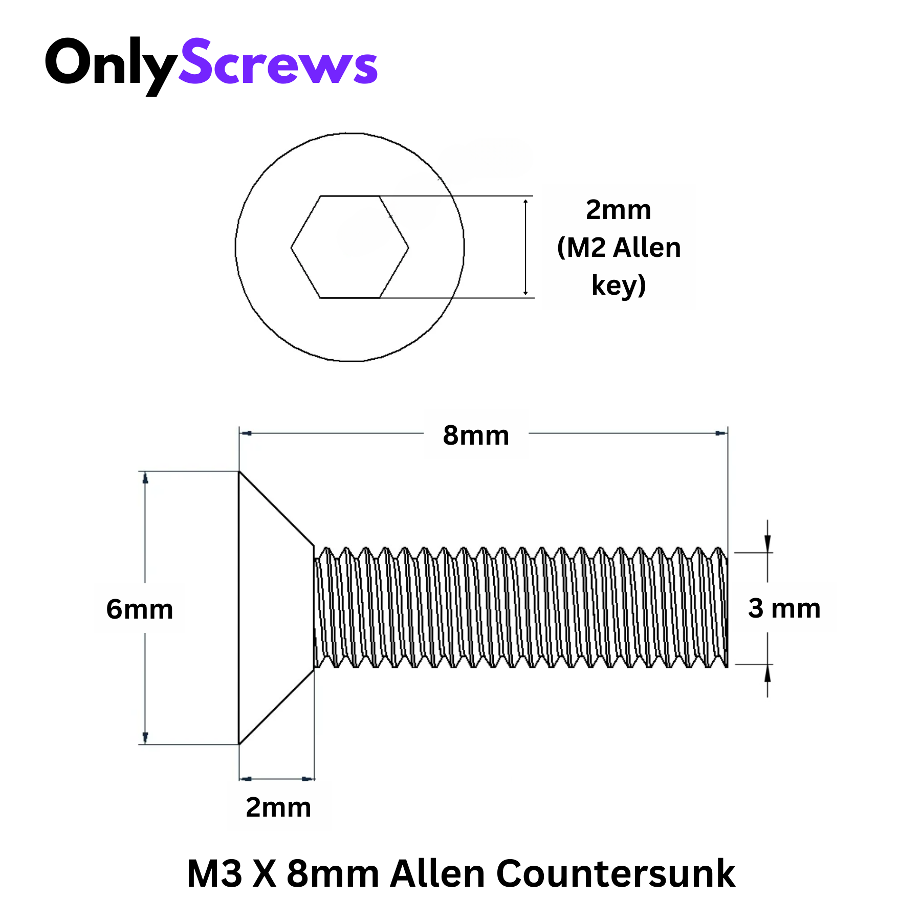 M3 X 8mm Hex (Allen) CSK SS 304 Screw with dimensions