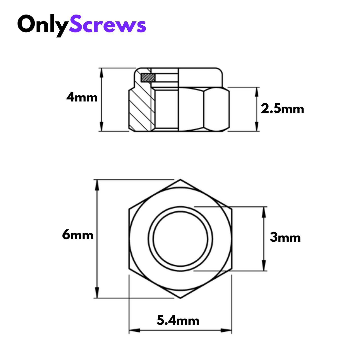 M3 Nyloc Nut MS with dimensions