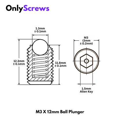 M3 X 12mm Ball Plunger Grub Screw Stainless Steel 304 (SS304) Spring Loaded Ball Detent