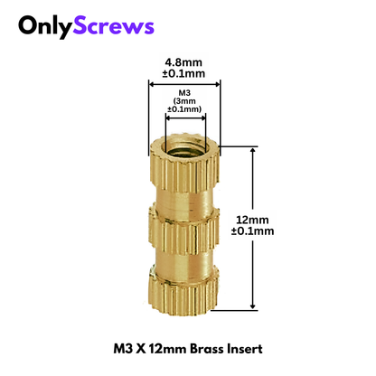M3 X 12mm Brass Threaded Inserts (Dia. 3mm, Length 12mm)