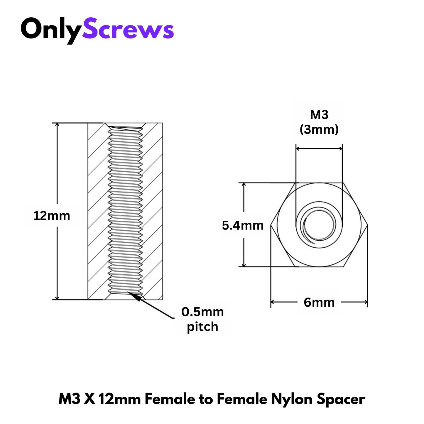 M3 X 12mm Female to Female Nylon Hex Threaded Standoff Spacer
