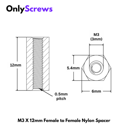 M3 X 12mm Female to Female Nylon Hex Threaded Standoff Spacer