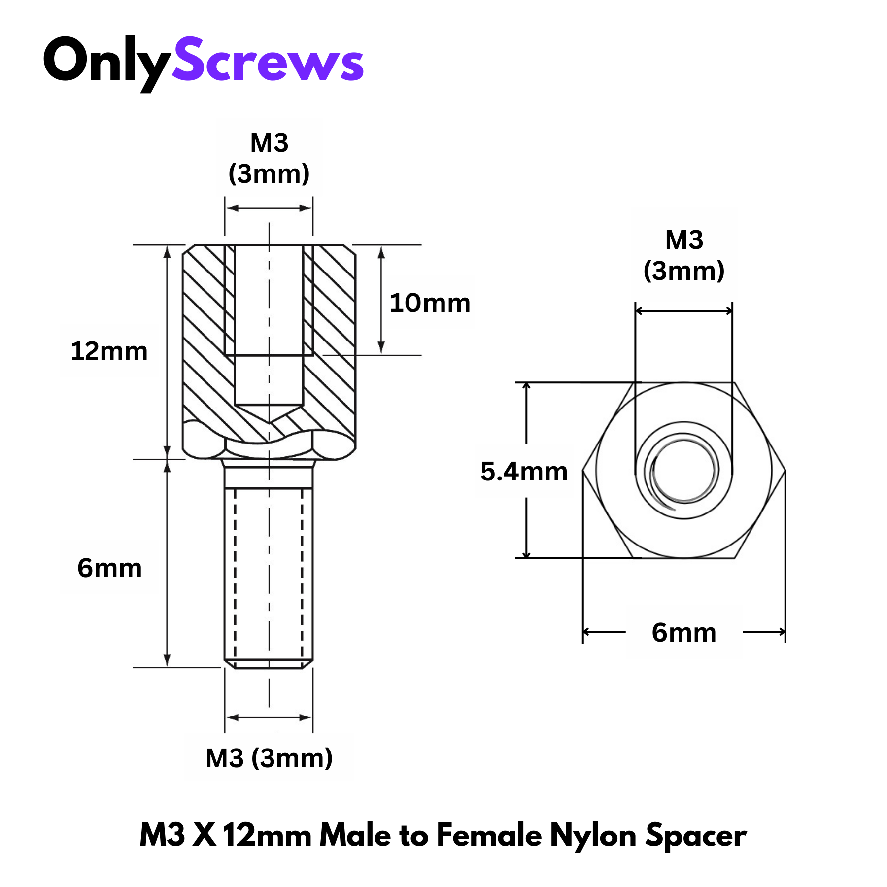 M3 X 12mm Male to Female Nylon Hex Threaded Standoff Spacer