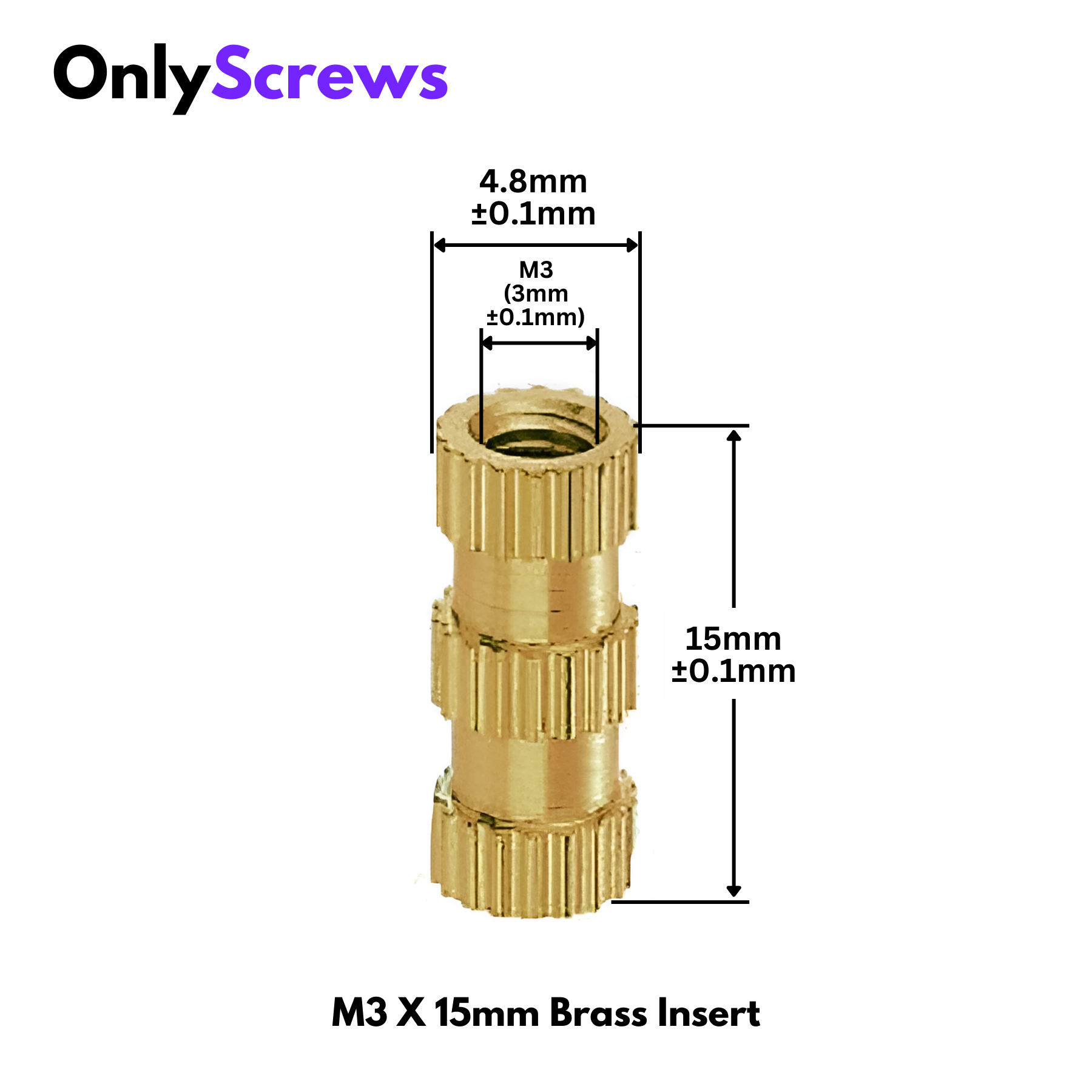 M3 X 15mm Brass Threaded Inserts (Dia. 3mm, Length 15mm)