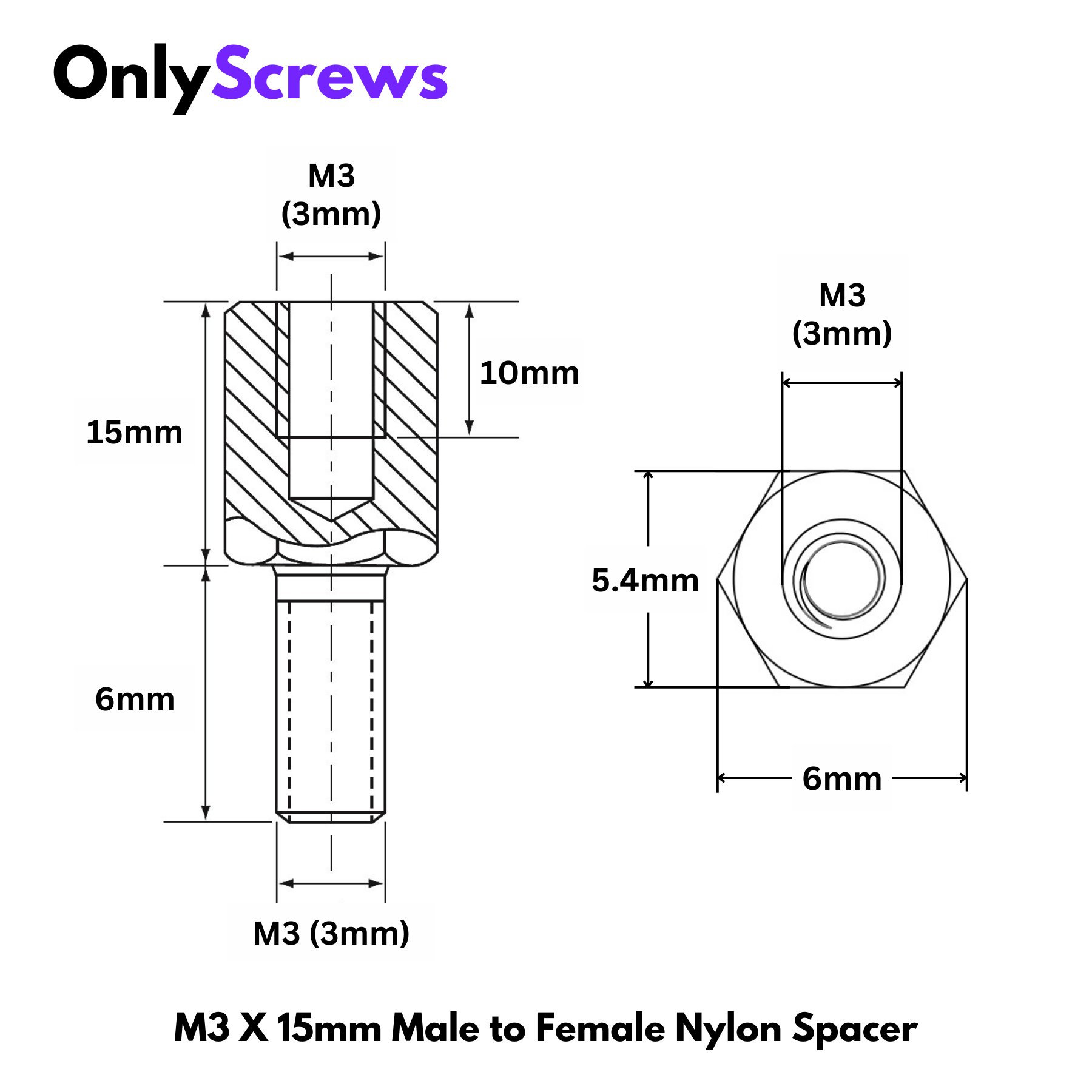 M3 X 15mm Male to Female Nylon Hex Threaded Standoff Spacer