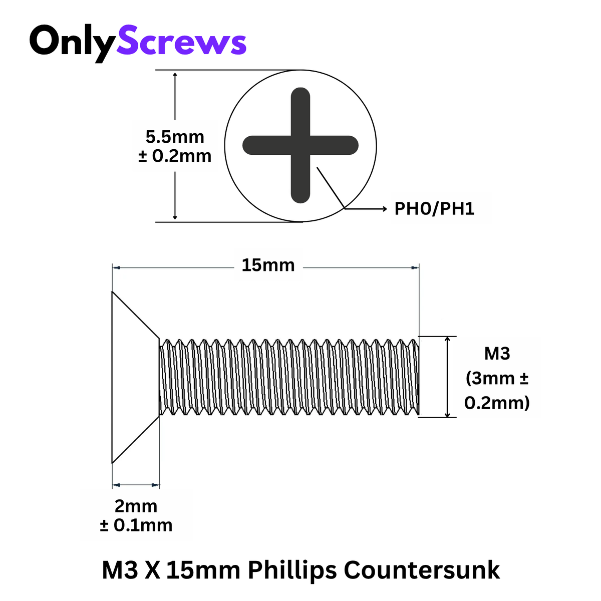 M3 X 15mm Phillips Countersunk (CSK) Mild Steel Black oxide Screw (Dia. 3mm, Length 15mm)