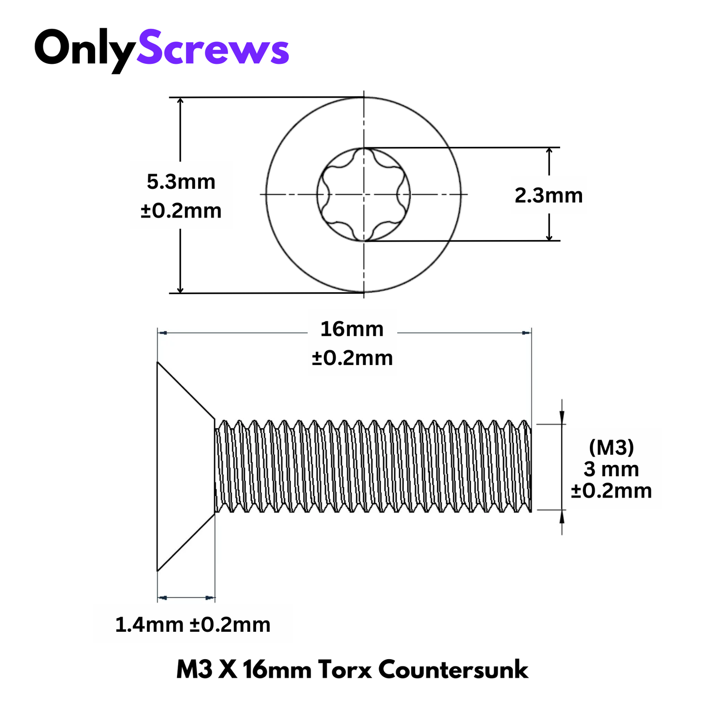 M3 X 16mm Torx(Star) CSK SS 304 Screw (Dia. 3mm, Length 16mm)