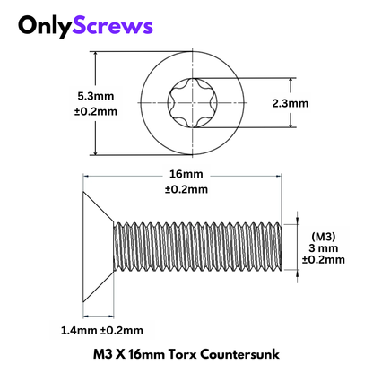 M3 X 16mm Torx(Star) CSK SS 304 Screw (Dia. 3mm, Length 16mm)