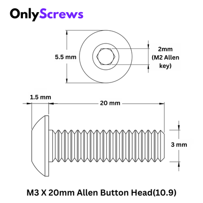 M3 X 20mm Hex (Allen) Button Head Hight Tensile(10.9) Black Oxide Screw 
