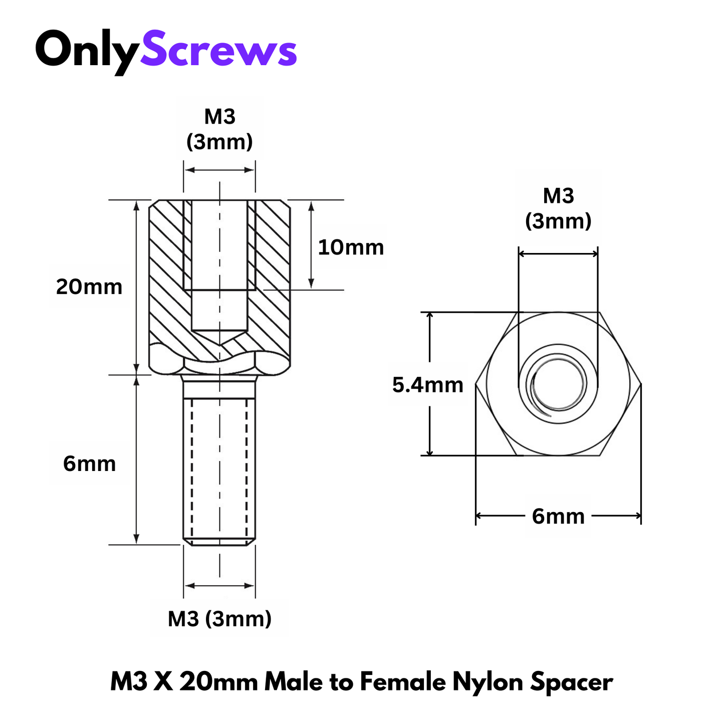 M3 X 20mm Male to Female Nylon Hex Threaded Standoff Spacer