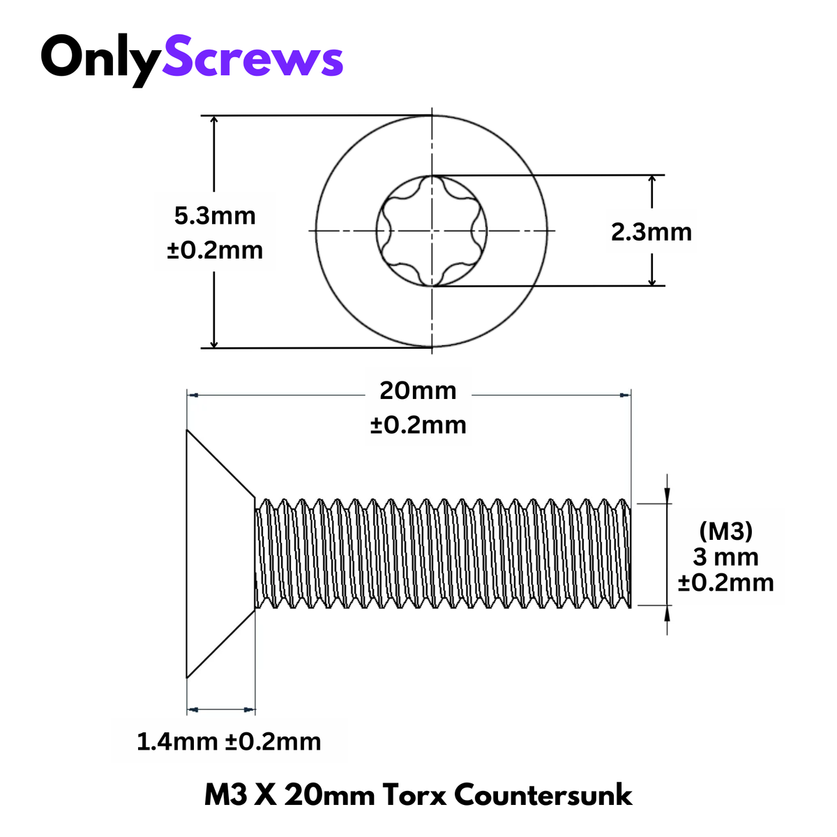 M3 X 20mm Torx(Star) CSK SS 304 Screw (Dia. 3mm, Length 20mm)