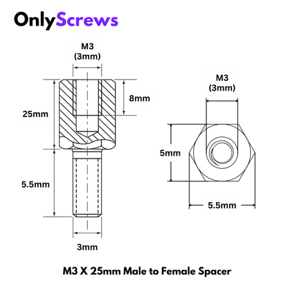M3 X 25mm Male to Female Brass Spacer