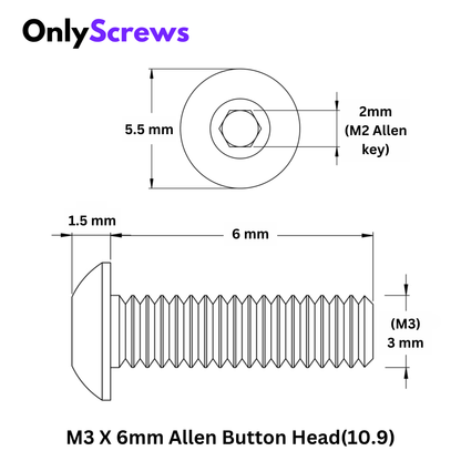 M3 X 6mm Hex (Allen) Button Head Hight Tensile(10.9) Black Oxide Screw