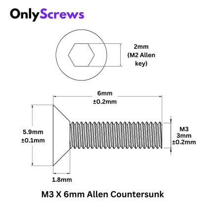 M3 X 6mm Hex (Allen) CSK High Tensile(10.9) Black Oxide Screw (Dia. 3mm, Length 6mm)