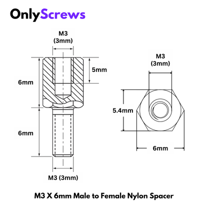 M3 X 6mm Male to Female Nylon Hex Threaded Standoff Spacer