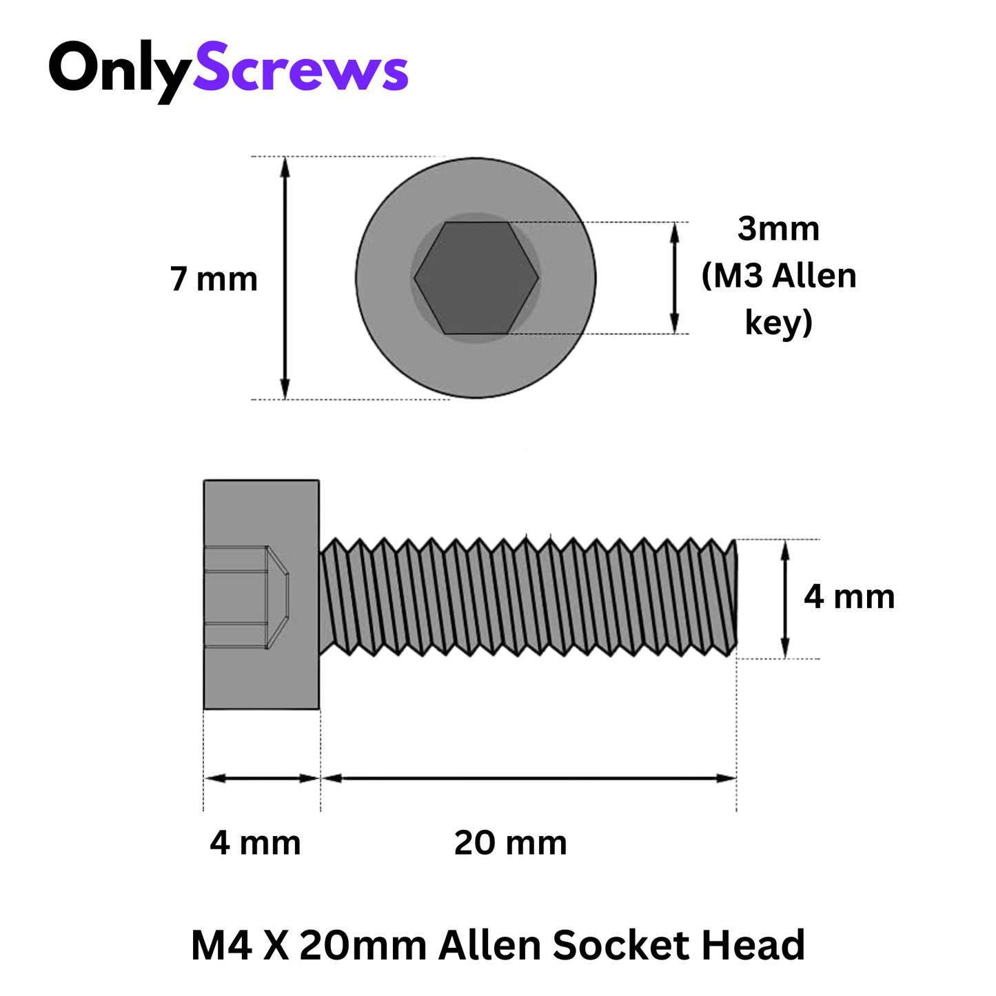 M4 X 20mm Hex (Allen) Socket Head SS 304 Screw with dimensions