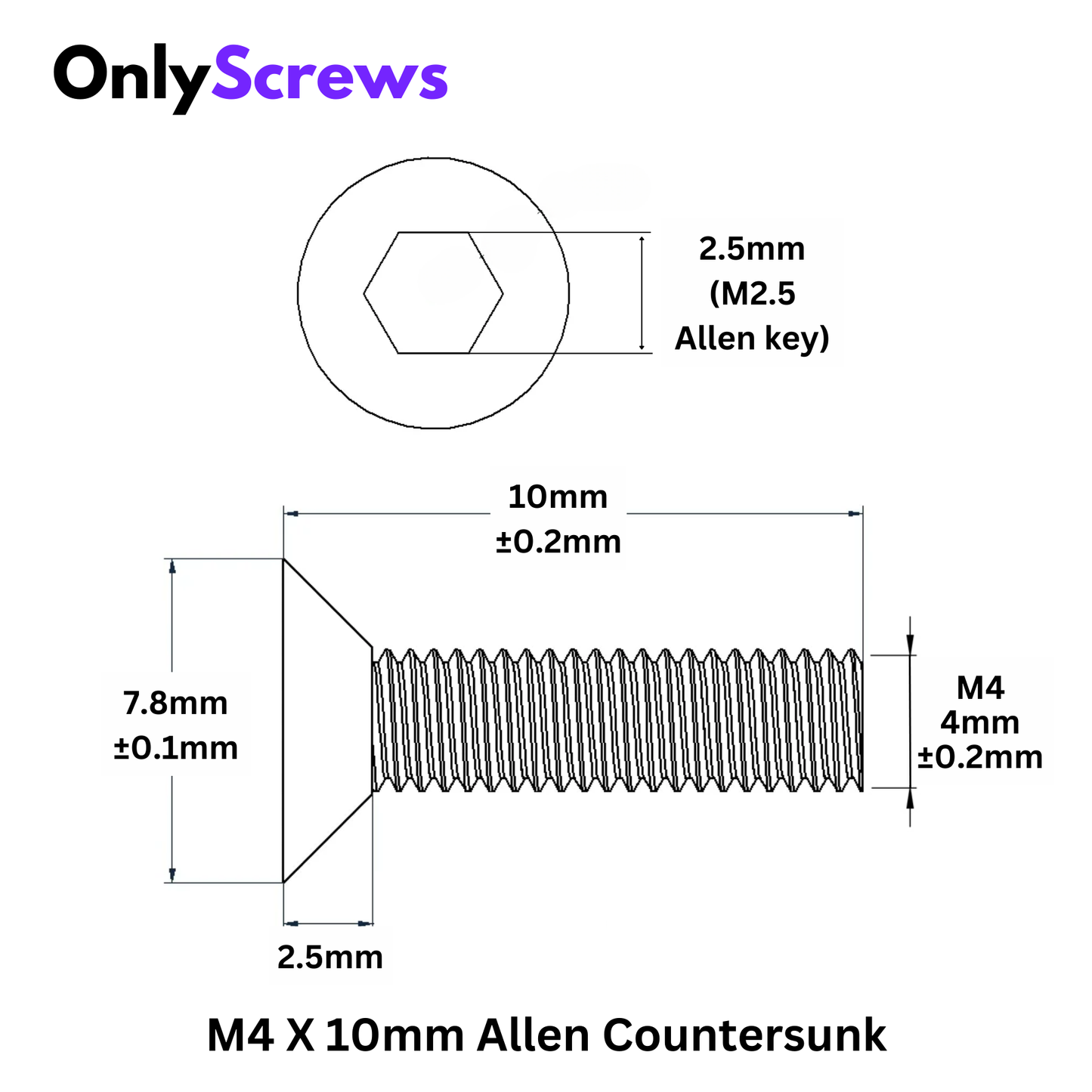 M4 X 10mm Hex (Allen) CSK High Tensile(10.9) Black Oxide Screw (Dia. 4mm, Length 10mm)