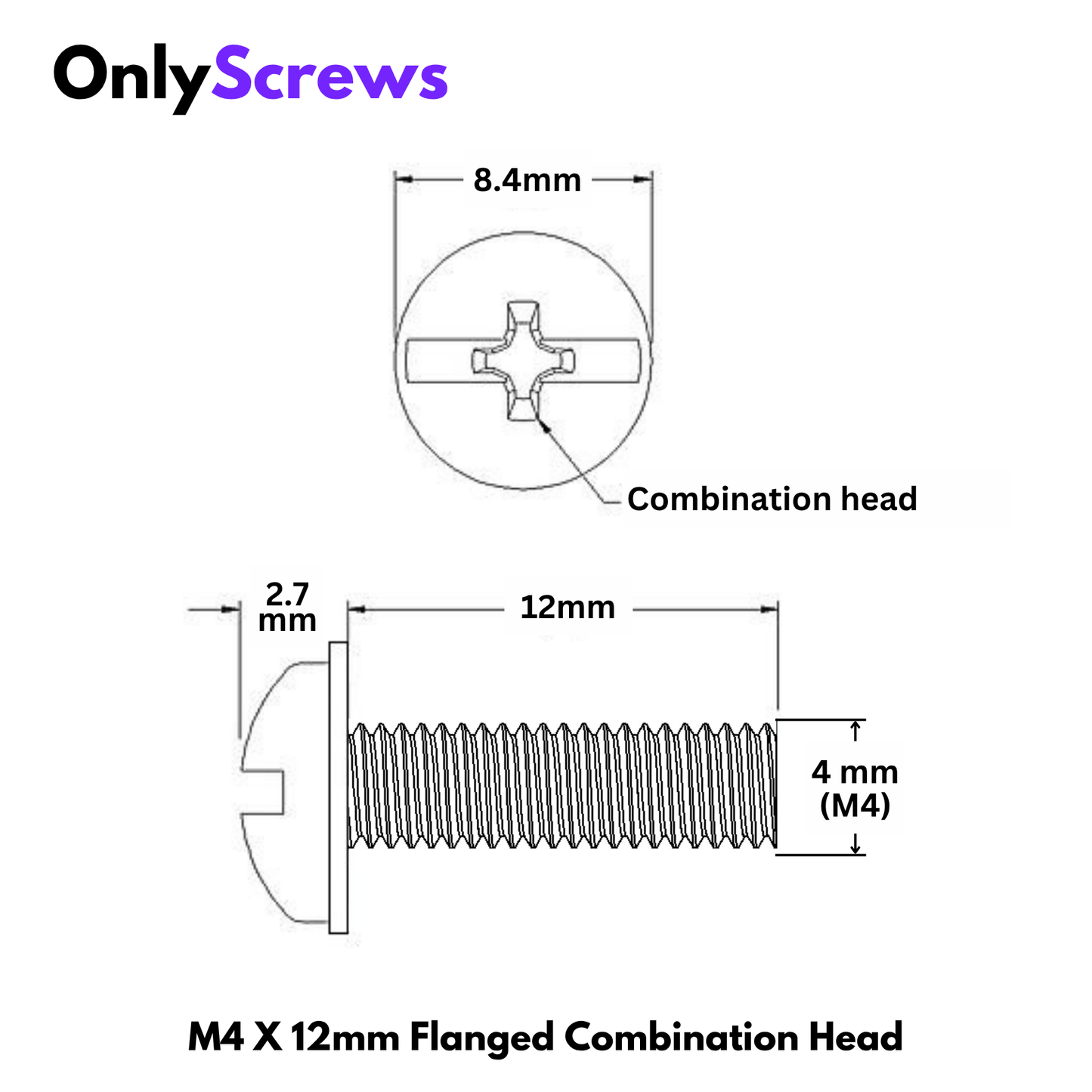 M4 X 12mm Flanged Combination head washer head SS 304 Screw (Dia. 4mm, Length 12mm)