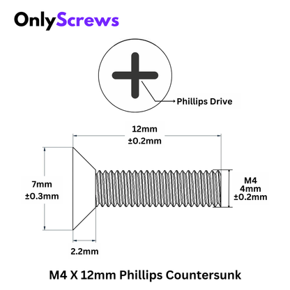 M4 X 12mm Phillips CSK Mild Steel with Nickel Plating Screw (Dia. 4mm, Length 12mm)