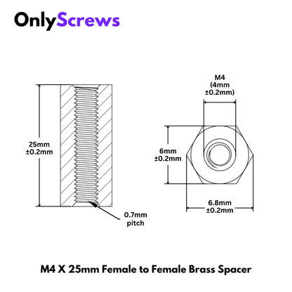 M4 X 25mm Female to Female Brass with Nickel plating Hex Threaded Standoff Spacer