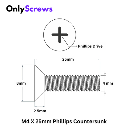 M4 X 25mm Phillips CSK SS 304 Screw