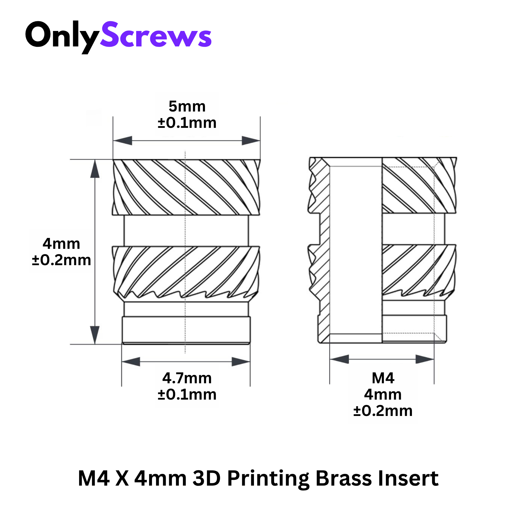 M4 X 4mm 3D Printing Brass Threaded Slant Knurled Inserts (Dia. 4mm, Length 4mm)