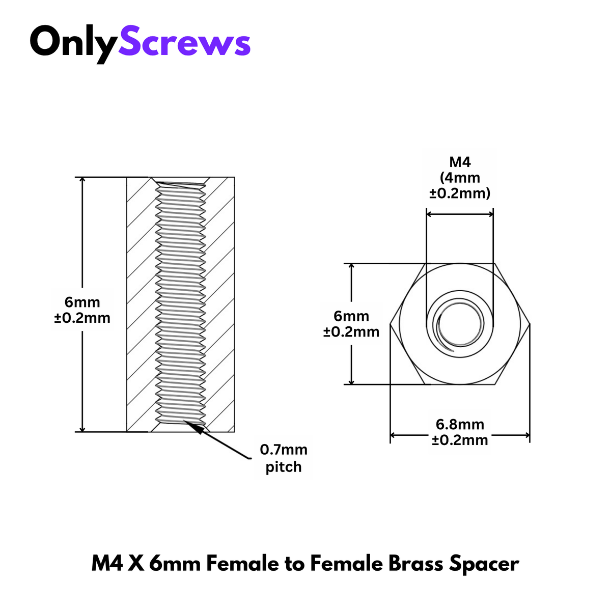 M4 X 6mm Female to Female Brass with Nickel plating Hex Threaded Standoff Spacer