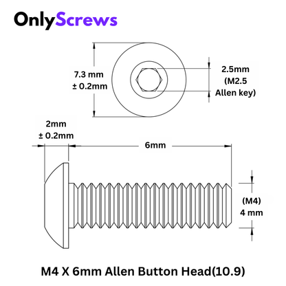 M4 X 6mm Hex (Allen) Button Head High Tensile(10.9) Black oxide screw