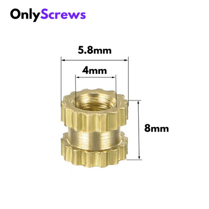 M4 X 8mm Brass threaded inserts with dimensions