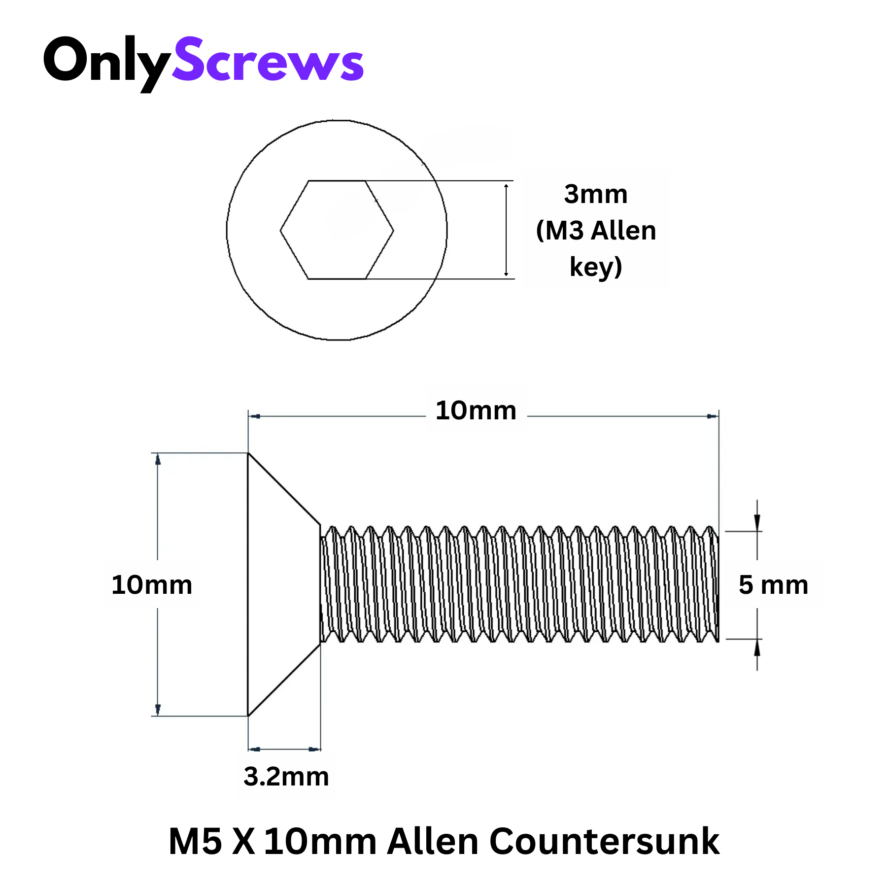 M5 X 10mm Hex (Allen) CSK SS 304 Screw with dimensions