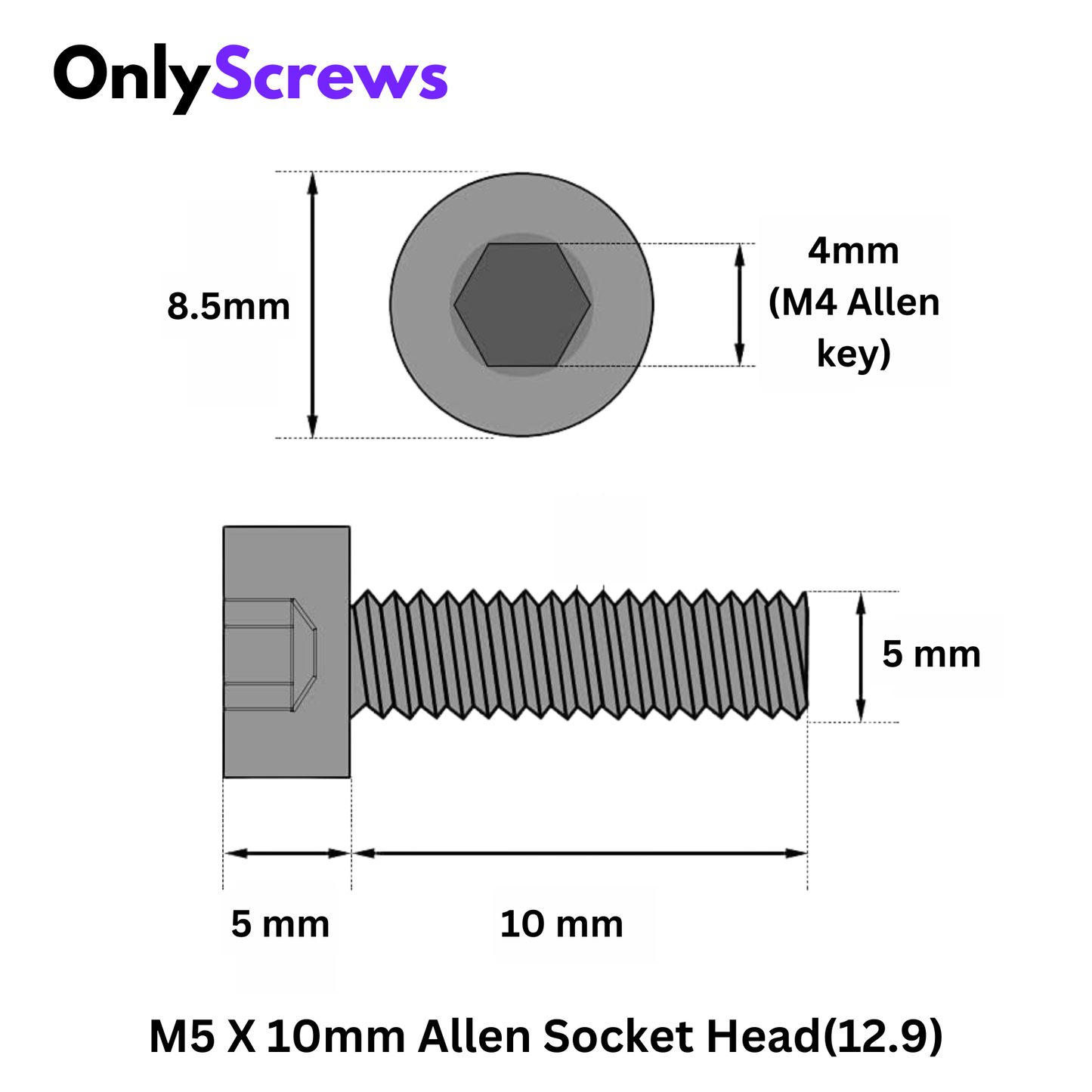 TVS M5 X 10mm Hex (Allen) Socket Head High Tensile(12.9) Black anodized screw