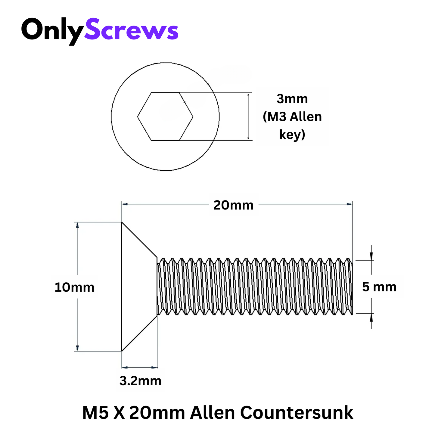 M5 X 20mm Hex (Allen) CSK SS 304 Screw with dimensions