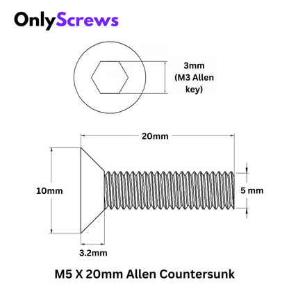 M5 X 20mm Hex (Allen) CSK SS 304 Screw with dimensions